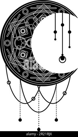 Luna nera, simbolo di mezzaluna con ornamento decorativo. Simbolo mistico in stile boho. Magic spa, manicure, gioielli elemento negozio. Isolo segno vettore sacro Illustrazione Vettoriale