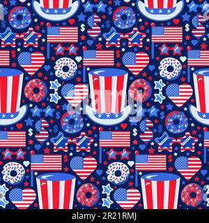 Modello senza cuciture con i tradizionali elementi festosi dell'American Independence Day, delle elezioni presidenziali e del partito politico. Disegno vettoriale a colori degli Stati Uniti Illustrazione Vettoriale