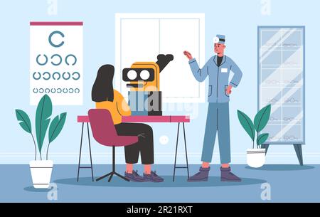 Paziente alla consultazione optometristica. Esame oftalmologico in ufficio medici. Donna controlla la sua vista. Selezione di occhiali. Check-up della visione Illustrazione Vettoriale