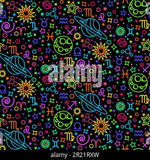 Segni zodiacali astrologici neon modello senza cuciture con icone principali pianeti e simboli di elementi naturali. Ornamento per stampa su tessuto, copertina e pa Illustrazione Vettoriale