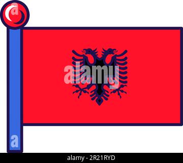 Albania bandiera nazionale sul vettore flagstaff. Simbolo nazionale, ufficiale e patriottico della libertà, campo rosso con aquila nera a due teste al centro. Illustrazione Vettoriale