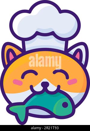 Logo di carino zenzero gatto in cappello chef con pesce in bocca. Emblema per la decorazione di design, marchio di azienda culinaria. Vettore in tratto spesso è Illustrazione Vettoriale