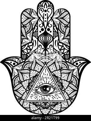 HAMSA simbolo All Sveder Eye dentro la palma umana decorata con ornamenti mistici. Simbolo nero spirituale in stile lineare. Segno vettore sacro segreto iso Illustrazione Vettoriale