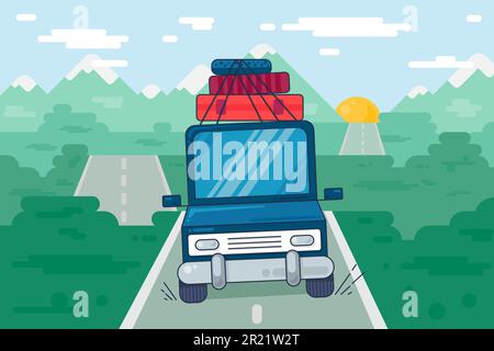 Un'auto da viaggio carica di borse e valigie guida lungo la strada asfaltata. Vacanza estiva viaggio turistico in minibus fuori città. Viaggio in famiglia. Vettura vettoriale Illustrazione Vettoriale