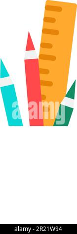 Set di cancelleria per disegni e schizzi. Matite, penna a sfera e righello in legno in tazza di plastica. Strumenti per studenti e cancelleria. Semplice piatto colorato Illustrazione Vettoriale
