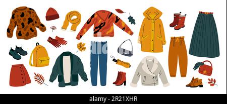 Cartoon abbigliamento autunnale. La stagione autunnale si indossa. Scarpe e accessori. Sciarpe a maglia. Cappelli e guanti. Ombrello pieghevole. Pantaloni e maglione. Garish Illustrazione Vettoriale
