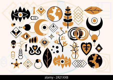 Collezione di simboli sacri di lusso. Icone magiche e conoscenza del mistero. Mystic segni in nero e oro in stile boho. Secret sacred vector elements isolat Illustrazione Vettoriale