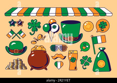 Set di elementi tradizionali festosi, attributi di San Patrick Day. Monete d'oro in pentola, liquore Ale, cappello Leprechaun, quadrifoglio di fortuna, sacchetto di g Illustrazione Vettoriale