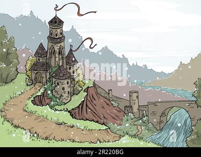 Illustrazione di un castello nella foresta invernale. Paesaggio con castello, fiume e foresta. Ponte di pietra, strada, torri di pietra. e bandiere. Per la stampa di libri, la stampa su prodotti per bambini, la progettazione di siti web. Illustrazione di alta qualità Foto Stock