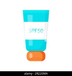 Crema protezione parasole SPF50. Illustrazione piatta vettoriale. Bottiglia di crema solare di colore blu e arancione. Design per l'industria cosmetica e dermatologia. Illustrazione Vettoriale