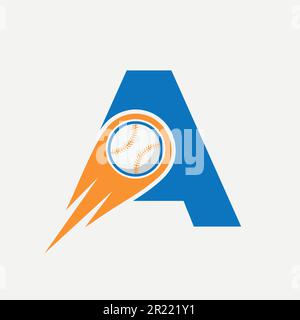 Lettera Un concetto del logo di baseball con modello vettoriale dell'icona di baseball in movimento Illustrazione Vettoriale