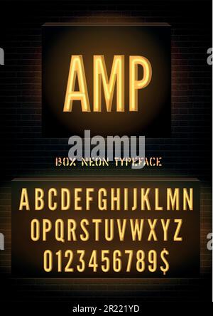 CARATTERE DEL SEGNO DELL'AMPLIFICATORE e della scatola del neon arancione con i numeri sullo sfondo della parete del mattone scuro del vettore. Luce notturna effetto luce extra Illustrazione Vettoriale