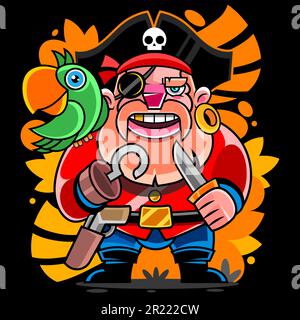 Pappagallo pirata con una spada di legno. Illustrazione di clip vettoriali con gradienti semplici. Tutto in un unico dispositivo Illustrazione Vettoriale