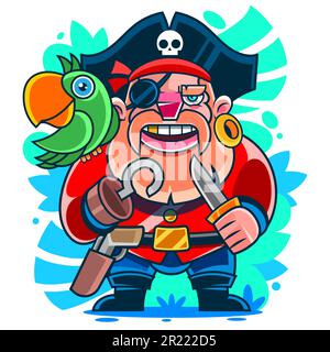 Pappagallo pirata con una spada di legno. Illustrazione di clip vettoriali con gradienti semplici. Tutto in un unico dispositivo Illustrazione Vettoriale