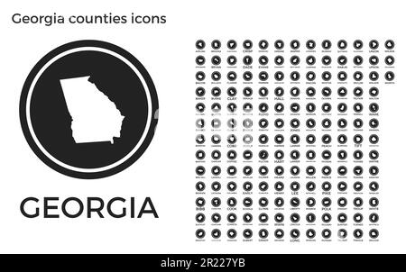 Icone delle contee della Georgia. Loghi rotondi neri con mappe e titoli delle contee degli Stati Uniti. Illustrazione vettoriale. Illustrazione Vettoriale