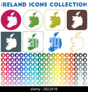 Collezione icone Irlanda. Icone luminose colorate e alla moda. Distintivo dell'Irlanda moderna con la mappa del paese. Illustrazione vettoriale. Illustrazione Vettoriale