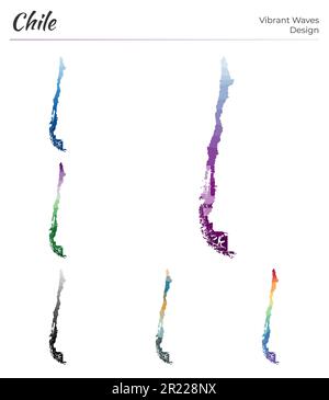 Serie di mappe vettoriali del Cile. Design dalle onde vibranti. Mappa luminosa del paese in stile geometrico con curve lisce. Mappa multicolore del Cile per il tuo progetto. Illustrazione Vettoriale
