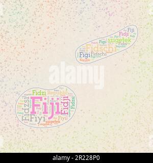 Forma delle Figi con nomi di paese parola nuvola in più lingue. Mappa dei confini delle Figi su eleganti triangoli sparsi intorno. Eccellente illustrazione vettoriale. Illustrazione Vettoriale