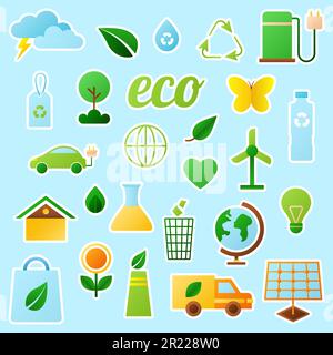 Set di adesivi ecologici. badge vettoriali isolati. Illustrazione Vettoriale