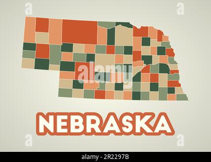 Poster Nebraska in stile retrò. Mappa dello stato degli Stati Uniti con regioni nella tavolozza dei colori autunnali. Forma del Nebraska con il nome dello stato degli Stati Uniti. Illustrazione Vettoriale
