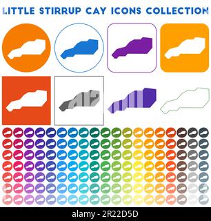 Piccola collezione di icone Stirrup Cay. Icone luminose e colorate alla moda. Badge Modern Little Stirrup Cay con mappa dell'isola. Illustrazione vettoriale. Illustrazione Vettoriale