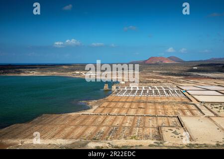 Salinas de Janubio, stagni di evaporazione con diverse concentrazioni di sale, Isole Canarie, Lanzarote, Yaiza Foto Stock