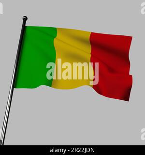 Bandiera del Mali che ondola nel vento su uno sfondo grigio. Illustrazione 3D con tre strisce verticali di verde, giallo e rosso. Il verde simbolizza ho Foto Stock
