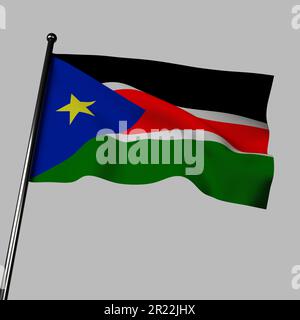 La bandiera del Sudan del Sud del 3D sventola nel vento, isolata su uno sfondo grigio. La bandiera presenta tre bande orizzontali di nero, rosso e verde, con un blu Foto Stock