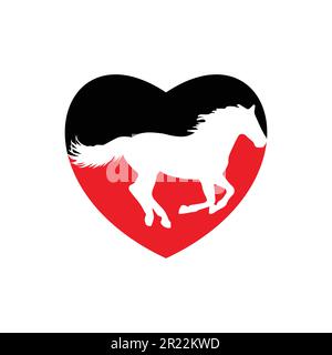 Immagine vettoriale dell'icona di corsa del cavallo all'interno di una forma di colore rosso e nero del cuore. Illustrazione Vettoriale