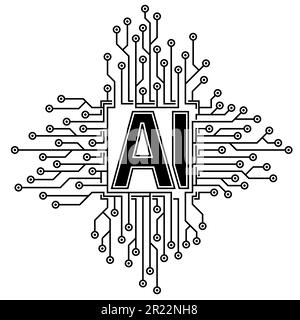 Icona astratta del microchip con scheda a circuito stampato di colore nero con lettere ai al centro su sfondo bianco. concetto di intelligenza artificiale Illustrazione Vettoriale