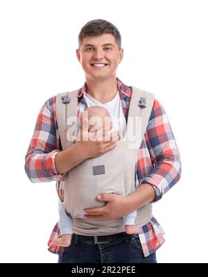 Il padre tiene il bambino in porta-bambino su sfondo bianco Foto Stock