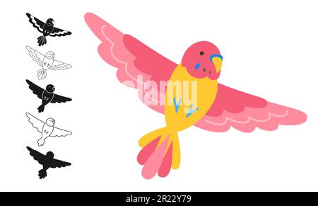 Set di cartoni animati tropicali pappagalli. Esotico brillante pappagalli budgerigar silhouette di volo contorno segno, incisa collezione estiva infantile. Fauna selvatica giungla hawaiano carino selvaggio uccello, divertente vivace vettore carattere Illustrazione Vettoriale