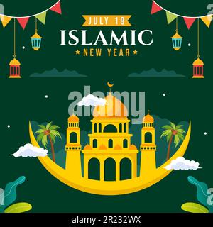 Buon Muharram Islamic nuovo anno Social Media sfondo Illustrazione Cartoon modelli disegnati a mano Illustrazione Vettoriale
