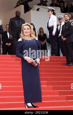Cannes, Francia. 16th maggio, 2023. Catherine Deneuve cammina il primo tappeto rosso del Festival del Cinema di Cannes 76th il 16 maggio 2023 a Cannes, Francia. Credit: Bernard Menigault/Alamy Live News Foto Stock