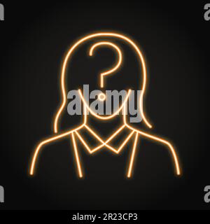 Icona neon donna sconosciuta in stile linea. Simbolo persona non identificata. Donna anonima con punto interrogativo. Illustrazione vettoriale. Illustrazione Vettoriale