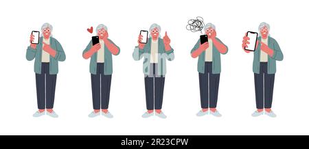 Donna anziana con telefono cellulare, emotions.Vector illustrazione diversa Illustrazione Vettoriale