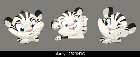 Set di cartoni animati di cubetti di tigre bianche isolati sullo sfondo. Illustrazione vettoriale di carino personaggio animale bambino sorridente, ciao ondulato con zampa, infelice. Divertente mascotte per il design dello zoo o della scuola. Simbolo dell'anno Illustrazione Vettoriale