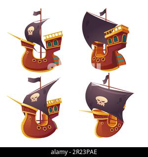 Nave pirata isolata su sfondo bianco. Imbarcazione in legno con vele nere, buchi di cannone e cantieri navali. Corvette o fregata con bandiera buccaneer cranio e ossa. Vecchia corazzata, chiatta vettore cartoon Illustrazione Vettoriale