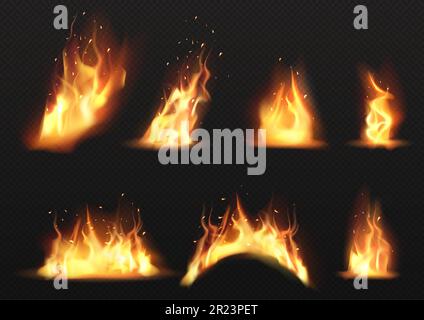 Fiamme realistiche isolate su sfondo trasparente. Beffa vettoriale di effetto ignite, brillante bruciatura di fumo e scintille. Elementi di design di fiamme di fuoco semitrasparenti gialle incandescenti Illustrazione Vettoriale