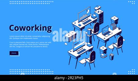 Landing page isometrica dello spazio di coworking. Business center vuoto all'interno, area di lavoro con computer sulle scrivanie. Area per lavoro di squadra, illustrazione vettoriale 3D freelance, line art, banner Web, sfondo. Illustrazione Vettoriale