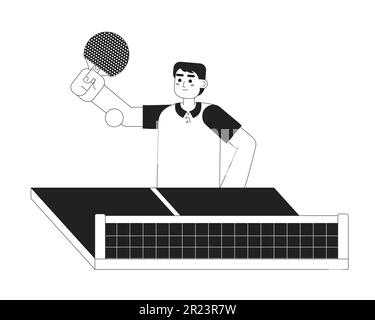 Uomo asiatico con paddle giocando ping-pong match carattere piano monocromatico vettore Illustrazione Vettoriale