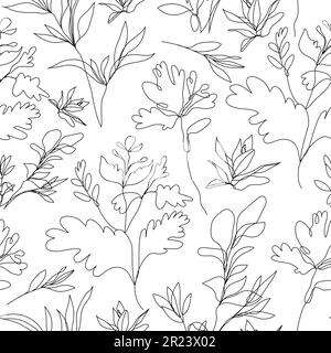 Vettore floreale lineare senza cuciture sfondo, piante e foglie. Uno, motivo a linea continua, stile disegnato a mano. Doodle monoline. Illustrazione Vettoriale