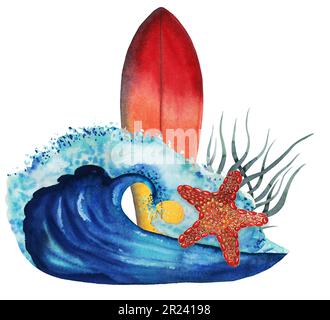Composizione tavola da surf colore rosso e giallo con stella marina, onda e alghe marine disegnate a mano isolato su bianco Foto Stock
