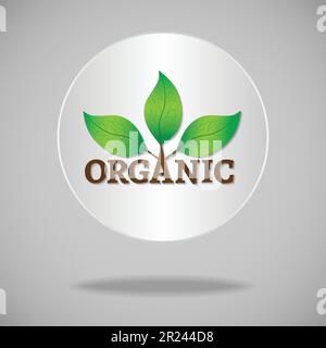 Icona di organico o di un logo. Foglie verdi su un albero con testo organico su un cerchio bianco sullo sfondo. Illustrazione Vettoriale