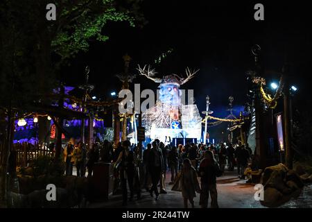 DJ Martin Solveig suona alla festa di lancio per l'area del Festival di Toutatis e le montagne russe al Parc Astérix in Francia. Foto Stock