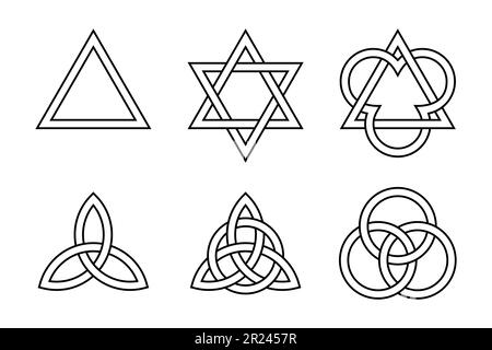 Sei simboli della Trinità. Antichi simboli cristiani, formati da triangoli interlacciati, triquetras celtici e cerchi. Foto Stock