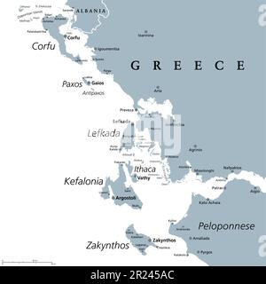 Isole IONIE Regione della Grecia, mappa politica grigia. Gruppo di isole greche, Mar Ionio. Corfù, Paxos, Antipaxos, Lefkada, Cefalonia, Ithaca, Zante. Foto Stock