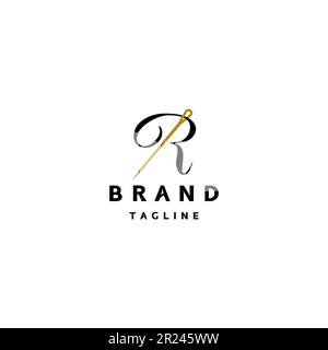Elegante design classico con logo Letter R e Needle. Design creativo con logo lettera R e ago in stile classico ed elegante. Illustrazione Vettoriale