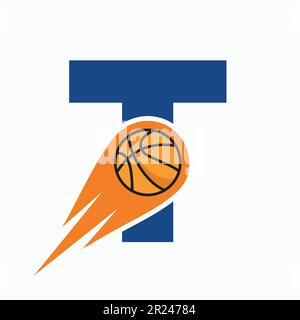 Lettera T Basketball Logo Concept con icona di Basketball in movimento. Simbolo del logotipo della sfera del cestello Illustrazione Vettoriale