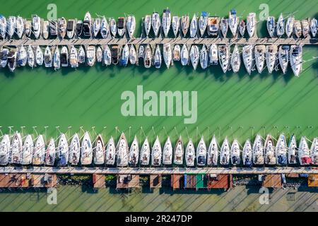 Vista dall'alto verso il basso sul porto di una barca. Vista dall'alto di uno Yacht club. Vista drone. Attracco barche a vela. Lago verde. Foto Stock